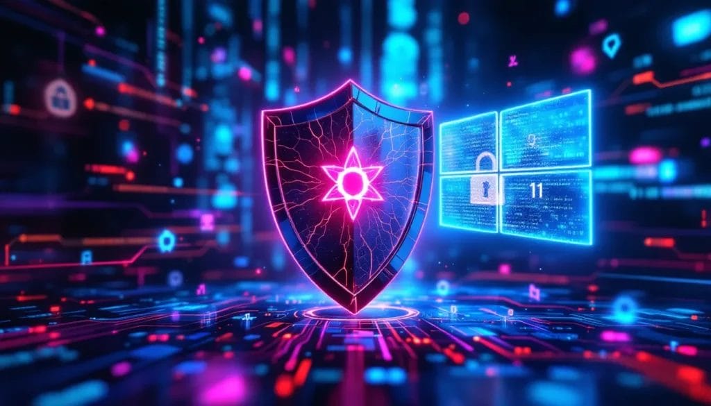 A futuristic digital shield surrounded by glowing data streams and symbols, representing cybersecurity and data protection in a high-tech environment.