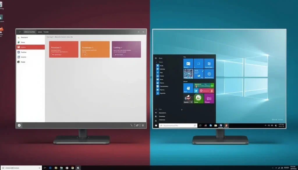 Two computer monitors side by side display different operating systems: one with a simplified interface featuring large colorful tiles, the other with a more traditional desktop layout with icons and a taskbar. 